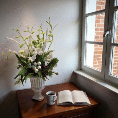 This silver wonder is in a white pedestal vase featuring white orchids, snowy branches, silver balls and Christmas greens.